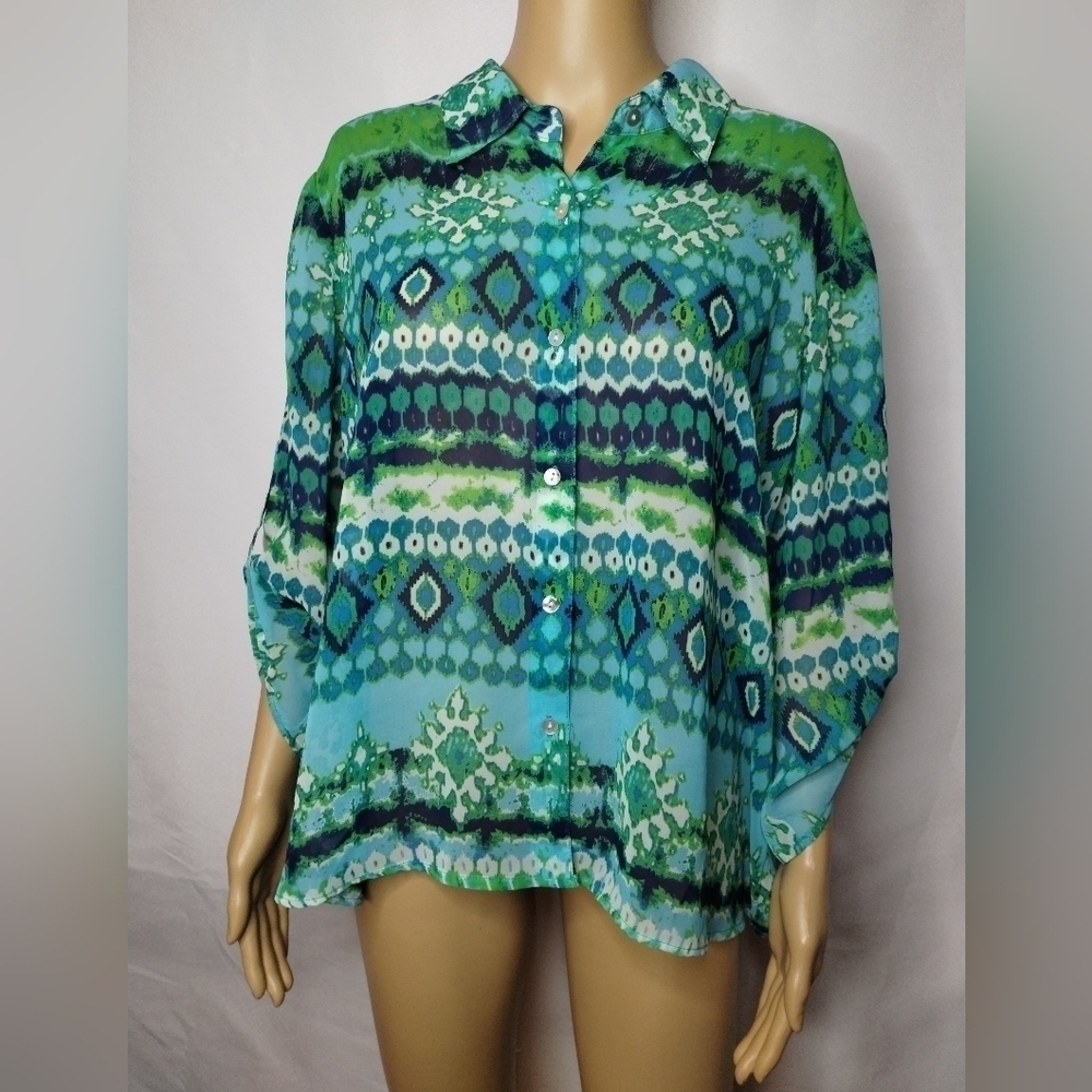 Christopher & Banks sheer women's size xl long sleeve button up shirt top